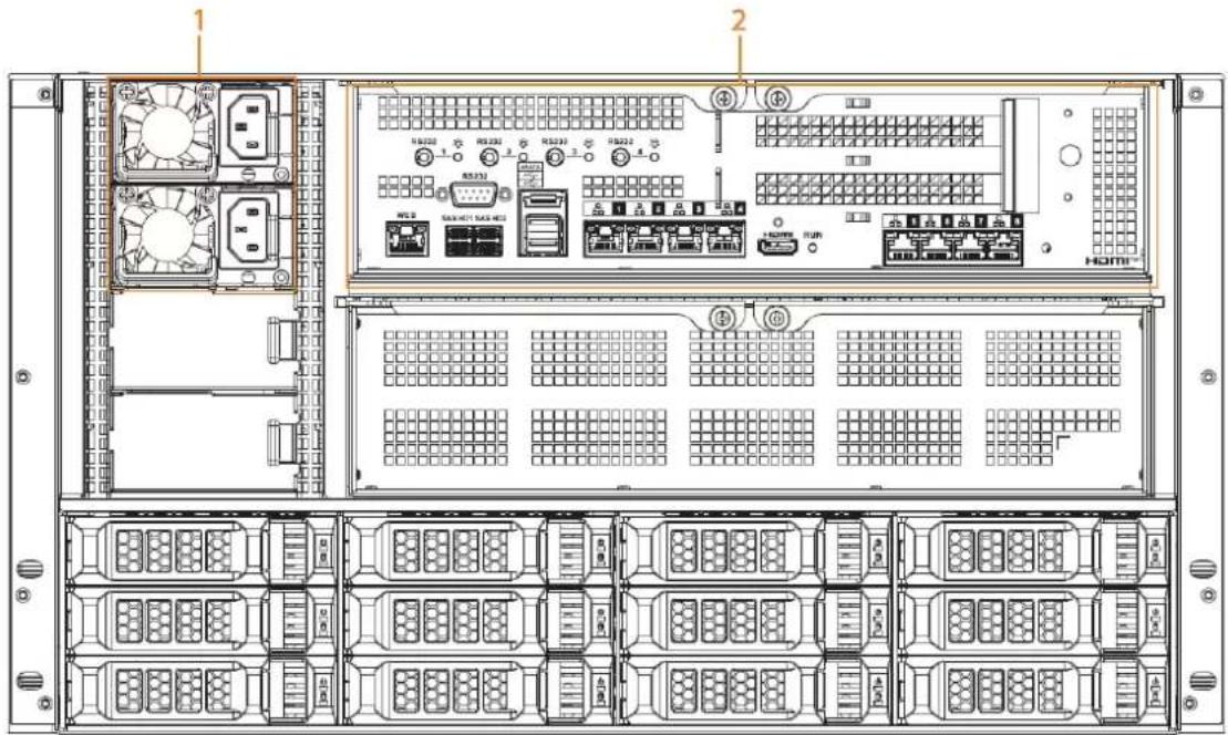 Technical diagram of a server rack with labeled components and internal layout