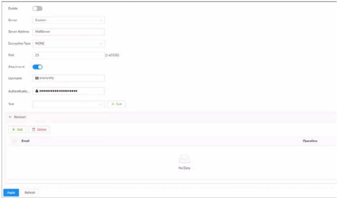 Enable Server: Custom Server Address: MailServer Encryption Type: NONE Port: 25 (1-65535) Attachment: Username: anonymity Authentication: ************** Text: > Text Receiver + Add Delete Email Operation No Data Apply Refresh