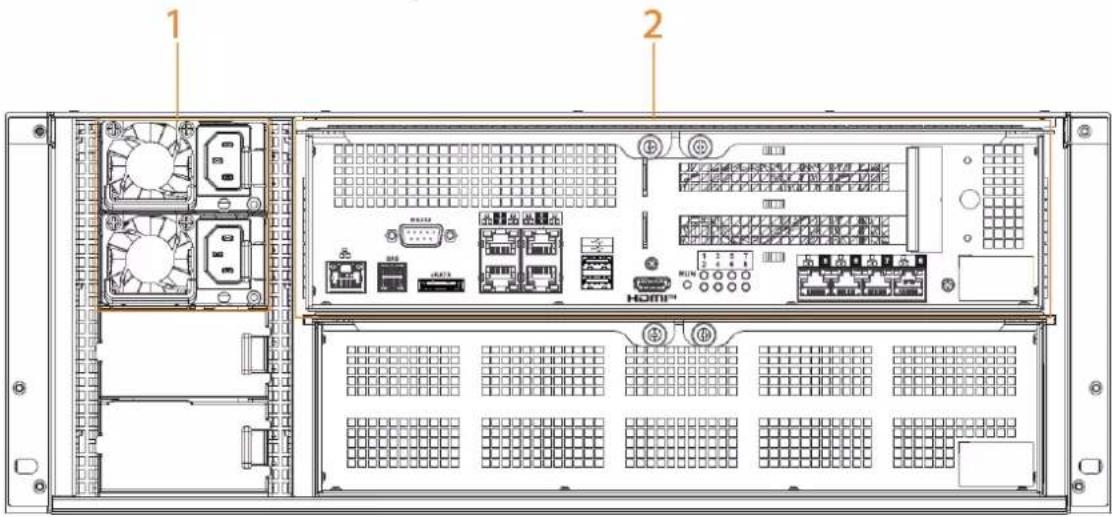 Technical diagram of a server rack with labeled components and internal hardware layout