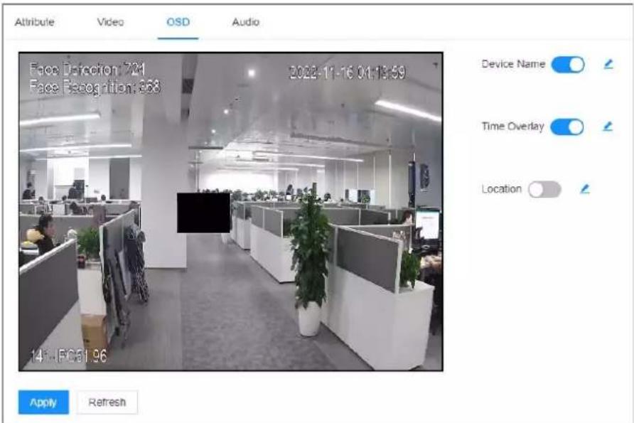Attribute Video OSD Audio Face Direction: 721 Face Recognition: 868 2022-11-16 01:13:59 Device Name Time Overlay Location 14:14:00:1.96 Apply Refresh