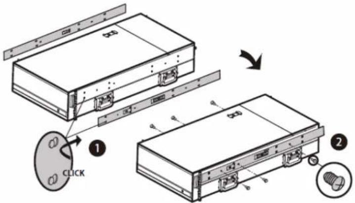 Technical diagram showing assembly steps of a device with labeled components and directional arrows indicating process flow.
