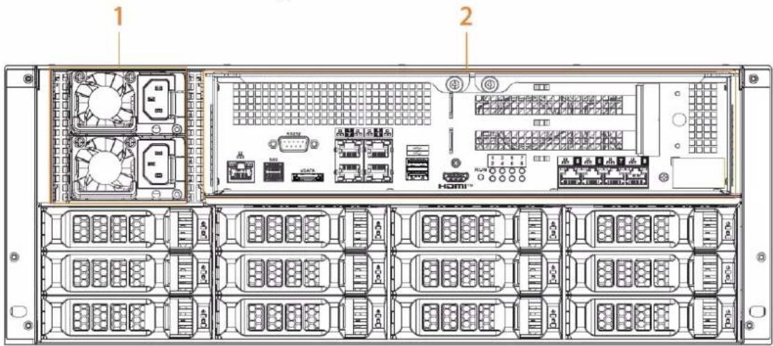 Technical diagram of a server rack with labeled components and internal layout, showing fan, ports, and hardware layout.