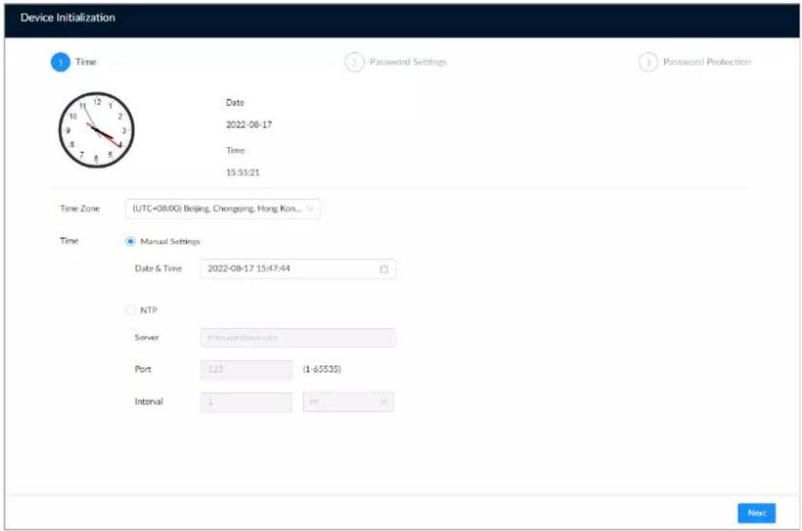 Device Initialization Time Password Settings Password Protection Date 2022-08-17 Time 15:55:21 Time Zone (UTC+08:00) Beijing, Chongqing, Hong Kong... Time Manual Settings Date & Time 2022-08-17 15:47:44 NTP Server http://www.hongjing.com/ Port 123 (1-65535) Interval 1 tv Next
