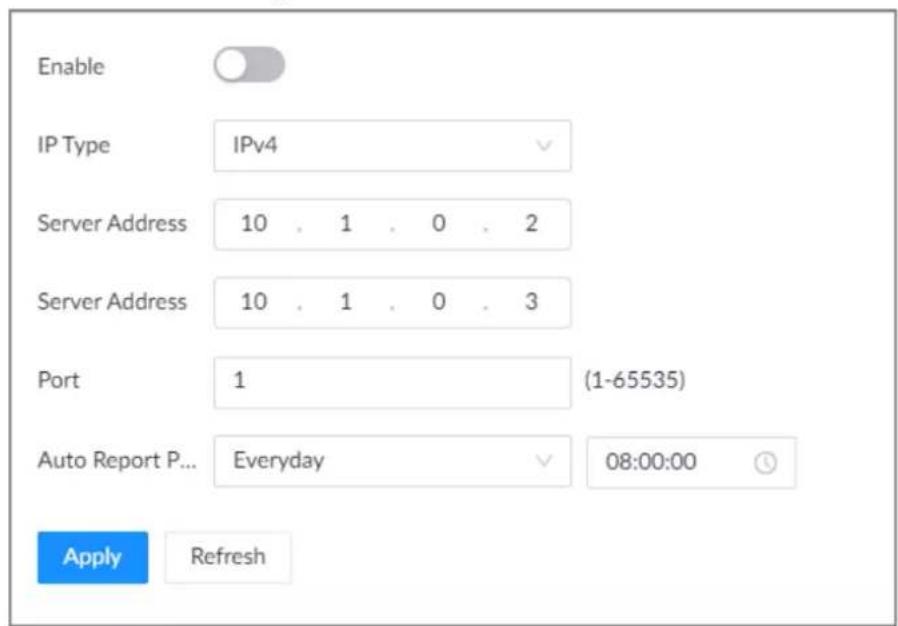 Enable IP Type IPv4 Server Address 10 . 1 . 0 . 2 Server Address 10 . 1 . 0 . 3 Port 1 (1-65535) Auto Report P... Everyday 08:00:00 Apply Refresh