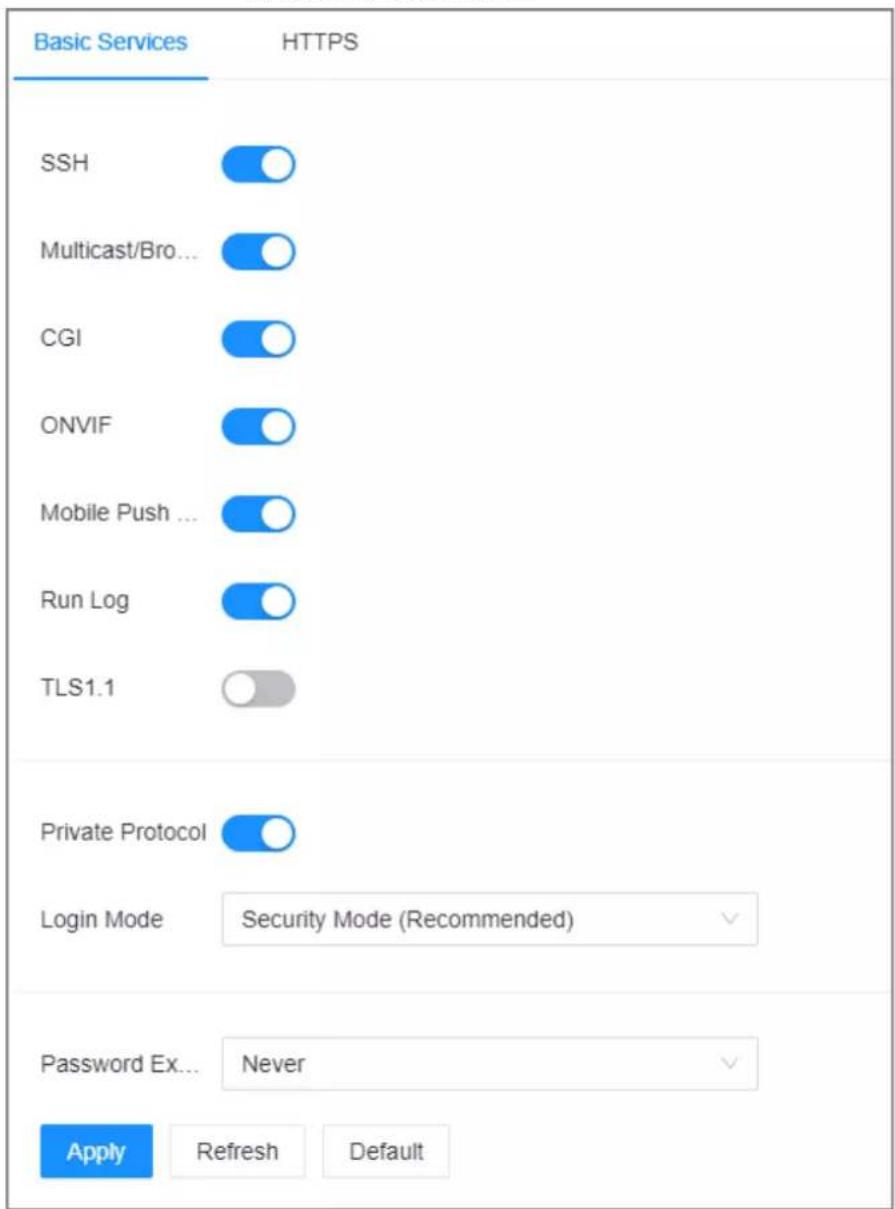 Basic Services HTTPS SSH Multicast/Bro... CGI ONVIF Mobile Push ... Run Log TLS1.1 Private Protocol Login Mode Security Mode (Recommended) Password Ex... Never Apply Refresh Default