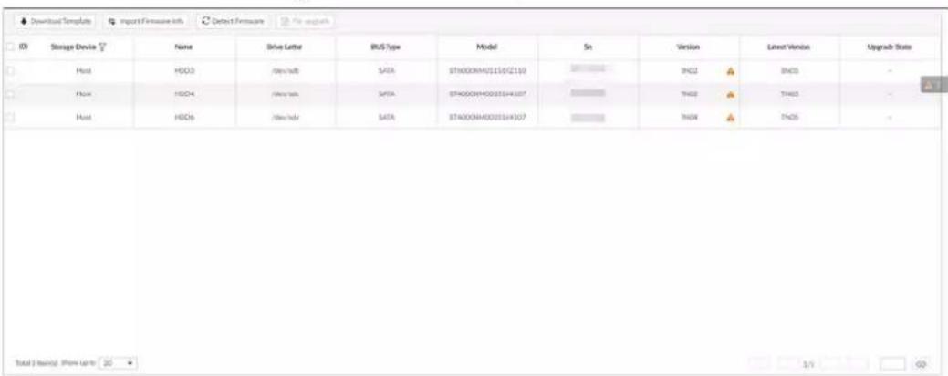 Download Template Import Firmware Info Detect Firmware File support ID Storage Device Name Drive Letter BUS Type Model Sn Version Latest Version Upgrade State Host HD03 Ddev/alt SATA ST4000M40115072110 INQ2 ANCIS Host HD04 Ddev/alt SATA ST4000M4003334X107 INQ2 ANCIS Host HD06 Ddev/alt SATA ST4000M4003334X107 INQ4 ANCIS Total 3 levels: Show Up to 20 1/5