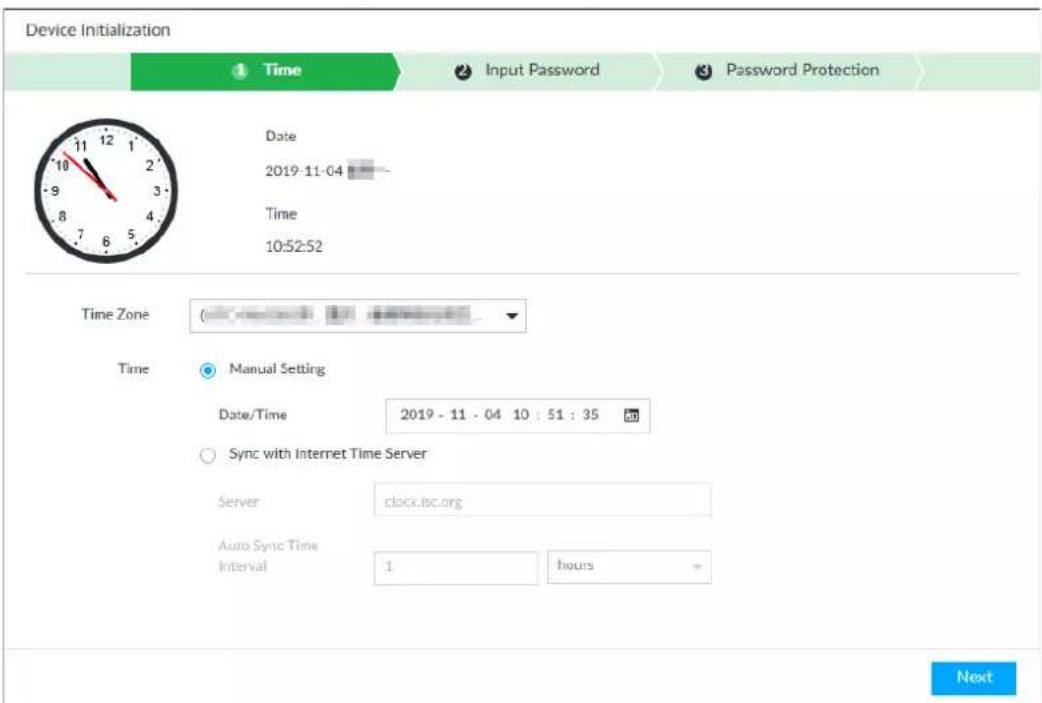 Device Initialization Time Input Password Password Protection Date 2019-11-04 Time 10:52:52 Time Zone Manual Setting Date/Time 2019 - 11 - 04 10 : 51 : 35 Sync with Internet Time Server Server clock.isc.org Auto Sync Time Interval 1 hours Next