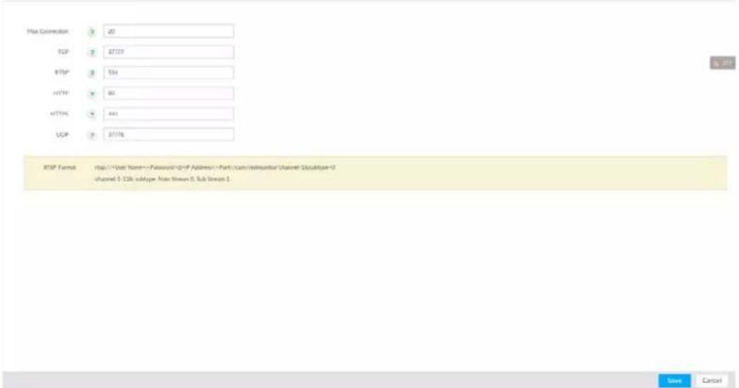 Max Connection 20 TCP 37277 RTSP 554 HTTP 90 HTTP# 641 UCP 37736 RISP Format http://User Name=Password=IP Address=PortCAM/RelimMonitor/channel-SclassType=0 channel 1-128 subtype: Non-Linear 0, Sub-Linear 1 Save Cancel