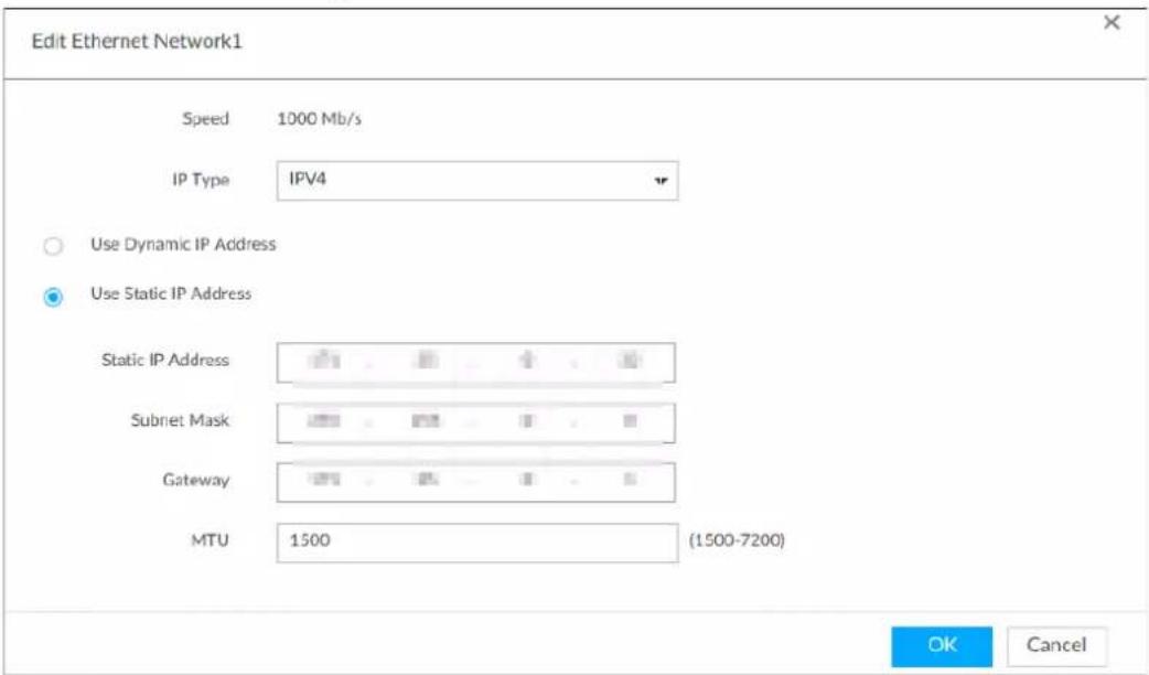 Edit Ethernet Network1 Speed 1000 Mb/s IP Type IPV4 Use Dynamic IP Address Use Static IP Address Static IP Address Subnet Mask Gateway MTU 1500 (1500-7200) OK Cancel