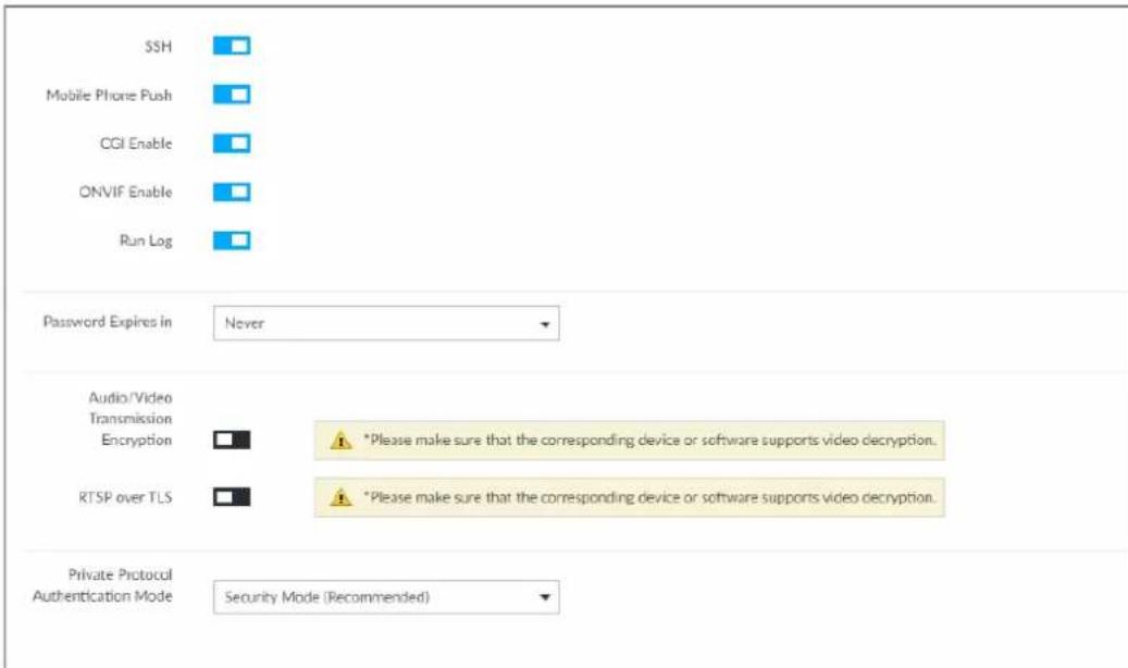 SSH Mobile Phone Push CGI Enable ONVIF Enable Run Log Password Expires in Never Audio/Video Transmission Encryption RTSP over TLS Private Protocol Authentication Mode Security Mode (Recommended)