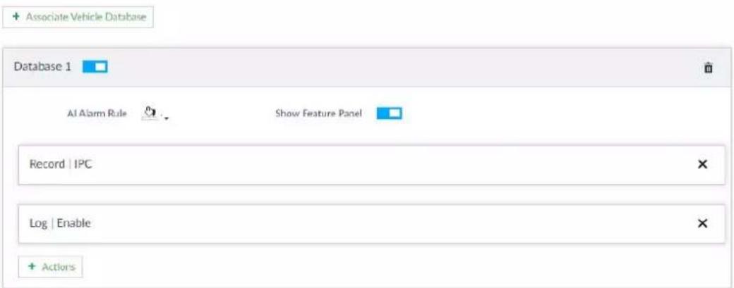 Associate Vehicle Database Database 1 AI Alarm Rule Show Feature Panel Record | IPC Log | Enable Actions