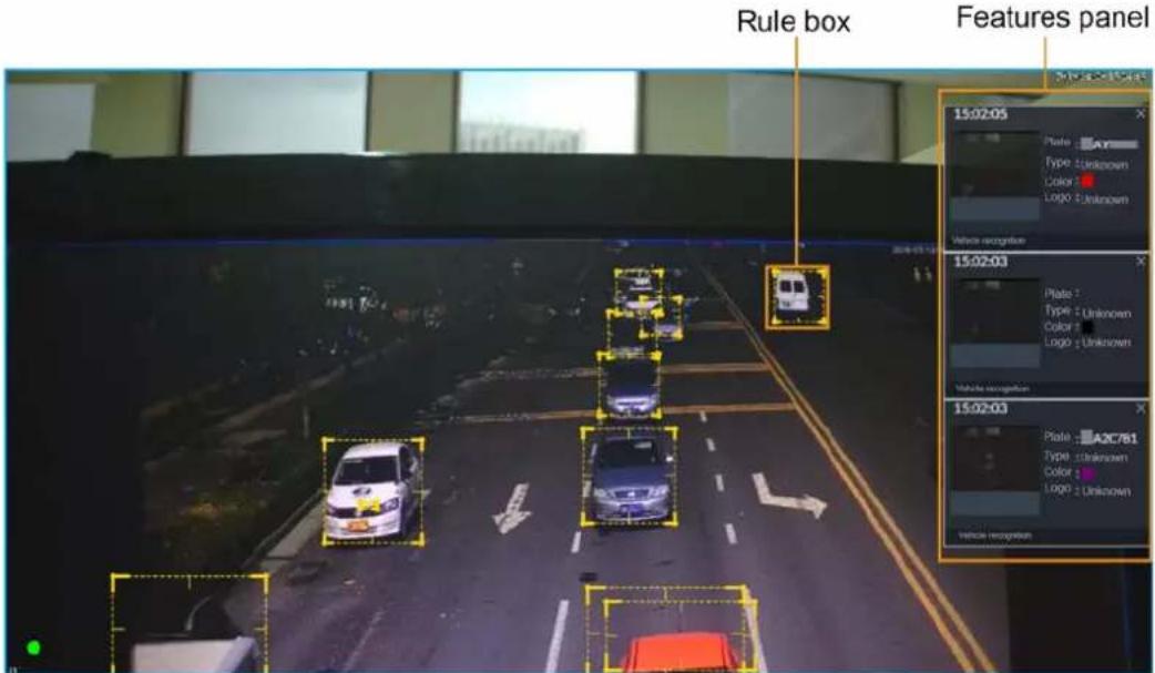 Rule box Features panel 15:02:05 Plate Type: Unknown Color: Logo: Unknown Vehicle recognition 15:02:03 Plate: Type: Unknown Color: Logo: Unknown Vehicle recognition 15:02:03 Plate: A2C761 Type: Unknown Color: Logo: Unknown Vehicle recognition