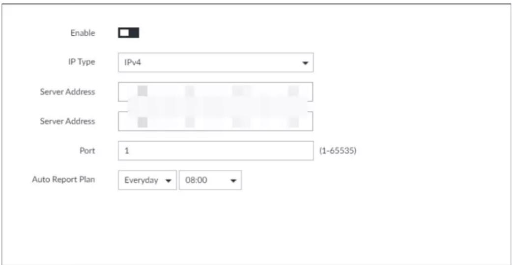 Enable IP Type IPv4 Server Address Server Address Port 1 (1-65535) Auto Report Plan Everyday 08:00