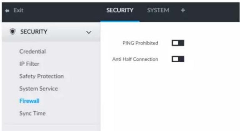 EXIT SECURITY SECURITY Credential IP Filter Safety Protection System Service Firewall Sync Time PING Prohibited Anti Half Connection