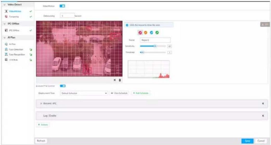 Video Detect VideoMotion Transiting IPC Offline IPC Offline AI Plan Air Plan Face Detection Face Recognition CVR Rule VideoMotion Debusing 5 Second CIR's the measure to drive the area Name Report 1 Sensitivity 0 Threshold 0.1 Encoder P12 Control Deployment Time Default Schedule View Schedule Add Schedule > Retard | IPC Log | Enable + Options Refresh OK Cancel