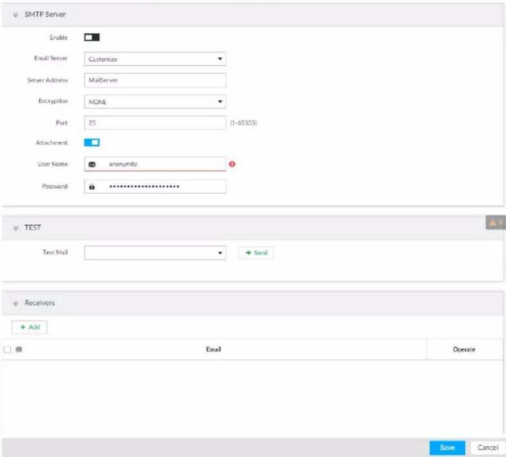 SMTP Server Enable Email Server Customize Server Address MailServer Encryption NONE Port 25 (1-65535) Attachment User Name anonymity Password ********** TEST Test Mail Send Receivers Add (0) Email Operate Save Cancel