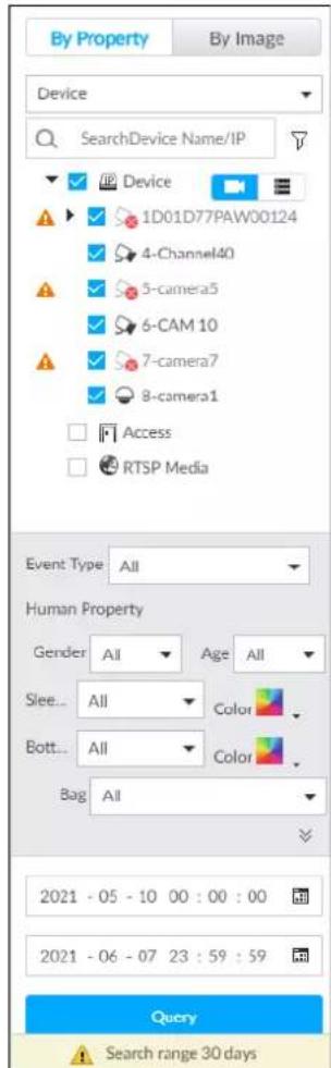 By Property By Image Device SearchDevice Name/IP Device 1D01D77PAW00124 4-Channel40 5-camera5 6-CAM 10 7-camera7 8-camera1 Access RTSP Media Event Type: All Human Property Gender: All Age: All Slee... All Color Bott... All Color Bag: All 2021 - 05 - 10 00 : 00 : 00 2021 - 06 - 07 23 : 59 : 59 Query Search range 30 days