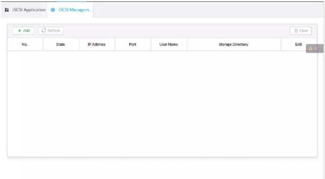 iSCSI Application iSCSI Managem... Add Refresh Clear No. State IP Address Port User Name Storage Directory Edit