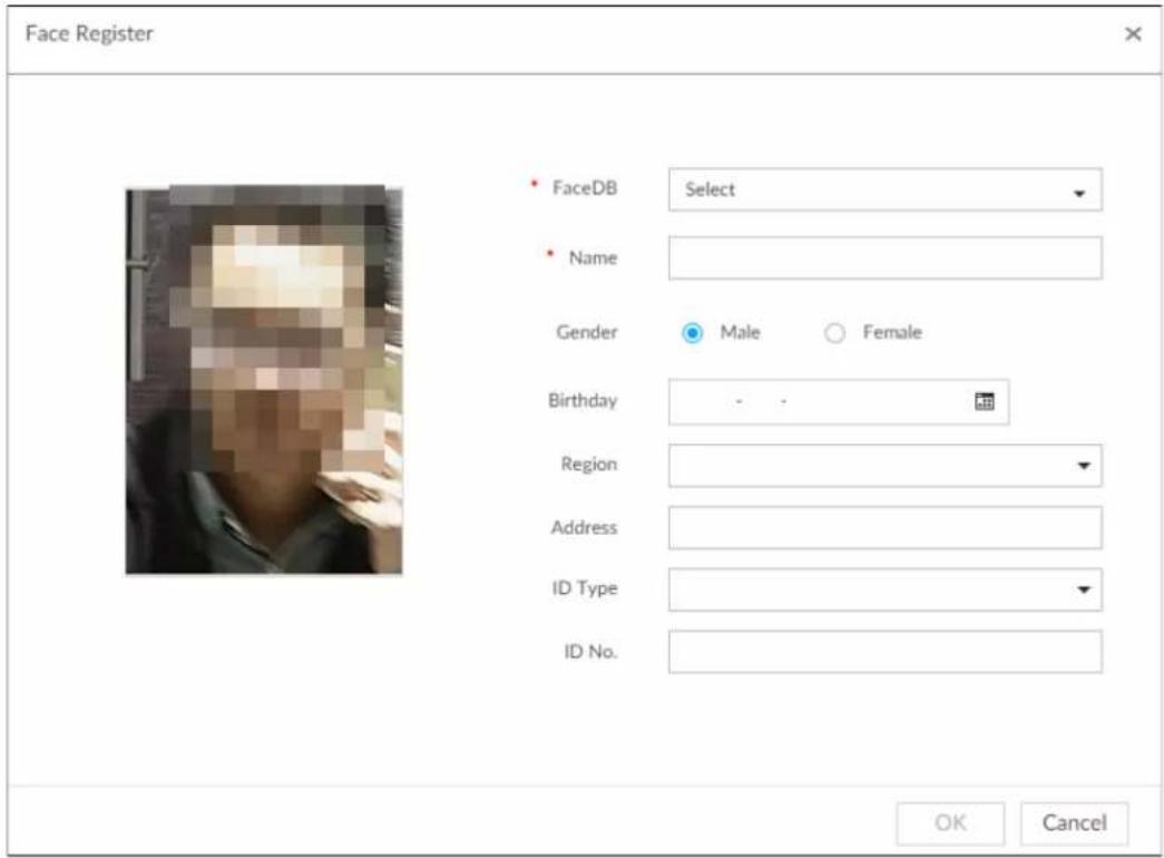 Face Register FaceDB Select Name Gender Male Female Birthday - Region Address ID Type ID No. OK Cancel
