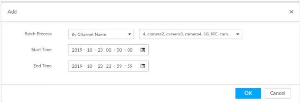 Add Batch Process By Channel Name 4, camera2, camera3, camera4, 18, IPC, cam... Start Time 2019 - 10 - 23 00 : 00 : 00 End Time 2019 - 10 - 23 23 : 59 : 59 OK Cancel