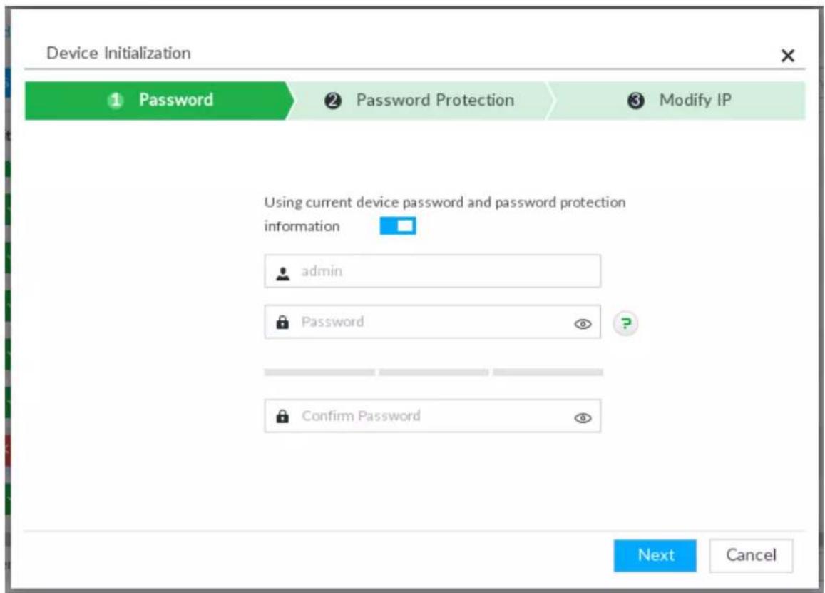 Device Initialization 1 Password 2 Password Protection 3 Modify IP Using current device password and password protection information admin Password Confirm Password Next Cancel