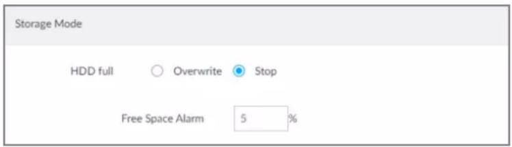 Storage Mode HDD full Overwrite Stop Free Space Alarm 5 %
