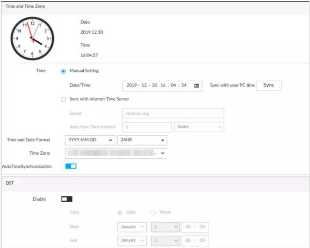 Time and Time Zone Date 2019.12.30 Time 16:04:57 Time Manual Setting Date/Time 2019 - 12 - 30 16 : 04 : 54 Sync with your PC time Sync Sync with Internet Time Server Server clock.isc.org Auto Sync Time Interval 1 hours Time and Date Format YYYY.MM.DD 24HR Time Zone AutoTimeSynchronization DST Enable Type Date Week Start January 1 00 : 00 End January 2 00 : 00