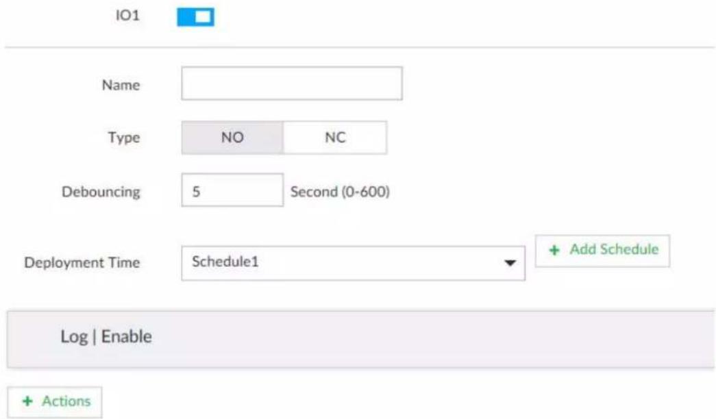 IO1 Name Type NO NC Debouncing 5 Second (0-600) Deployment Time Schedule1 Add Schedule Log | Enable Actions