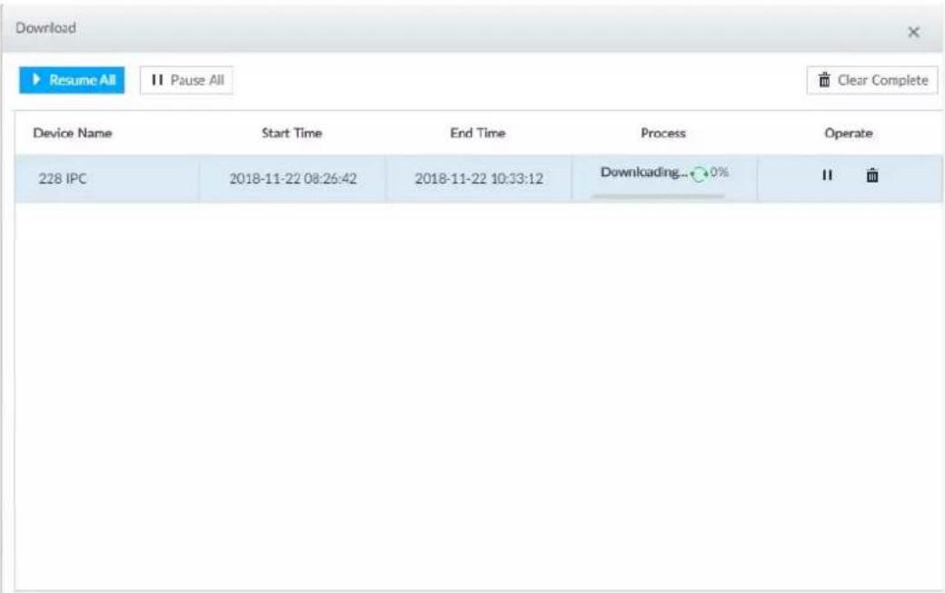 Download Resume All II Pause All Clear Complete Device Name Start Time End Time Process Operate 228 IPC 2018-11-22 08:26:42 2018-11-22 10:33:12 Downloading... 0% II