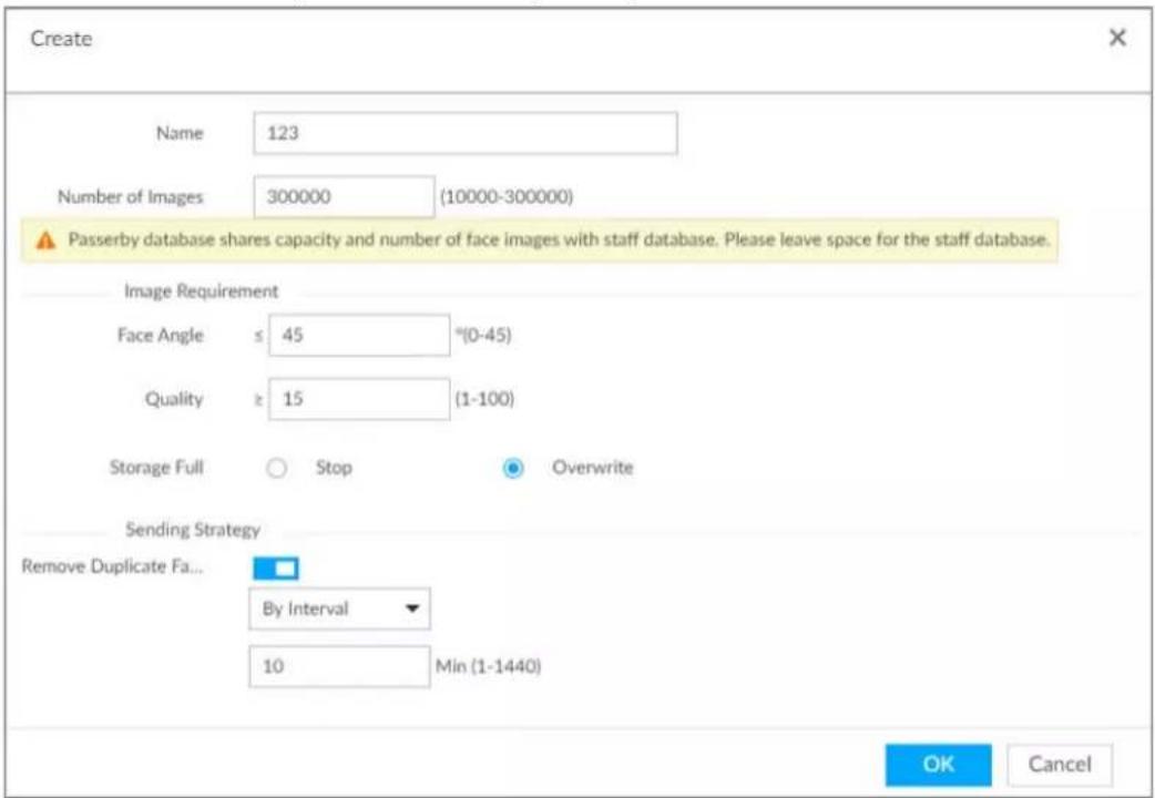 Create Name 123 Number of Images 300000 (10000-300000) Passerby database shares capacity and number of face images with staff database. Please leave space for the staff database. Image Requirement Face Angle ≤ 45 *(0-45) Quality ≥ 15 (1-100) Storage Full ○ Stop ● Overwrite Sending Strategy Remove Duplicate Fail... By Interval 10 Min (1-1440) OK Cancel