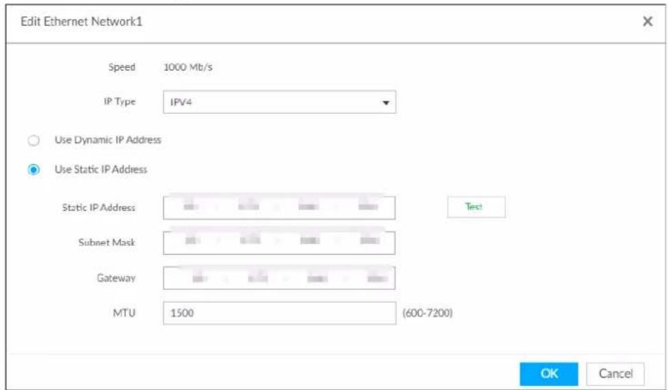 Edit Ethernet Network1 Speed 1000 Mb/s IP Type IPV4 Use Dynamic IP Address Use Static IP Address Static IP Address Test Subnet Mask Gateway MTU 1500 (600-7200) OK Cancel