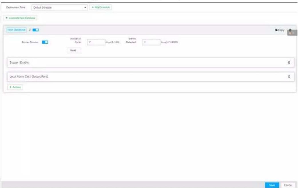 Deployment Time Default Schedule Add Schedule Associate Face Database Face Database 2 Estler Counter Statistical Cycle 7 (days (3-100) Entries Detected 1 Error(3-1200) Result Buzzer | Enable Local Alarm Out | Output Port1 Actions Save Cancel
