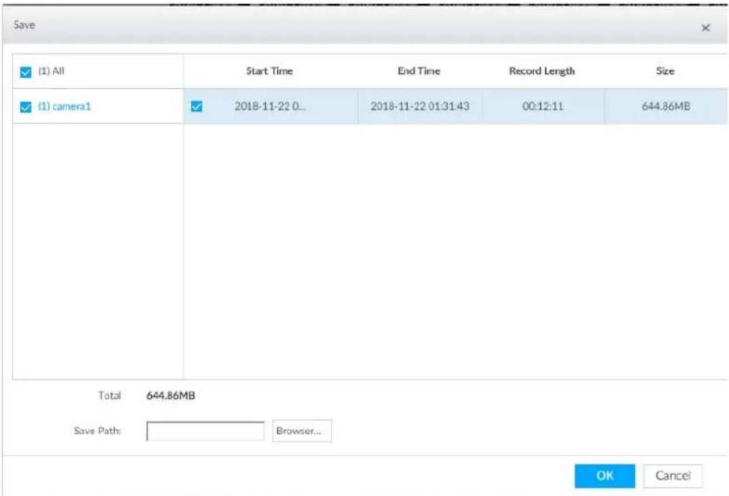 Save (1) All Start Time End Time Record Length Size (1) camera1 2018-11-22 0.. 2018-11-22 01:31:43 00:12:11 644.86MB Total 644.86MB Save Path: Browser... OK Cancel