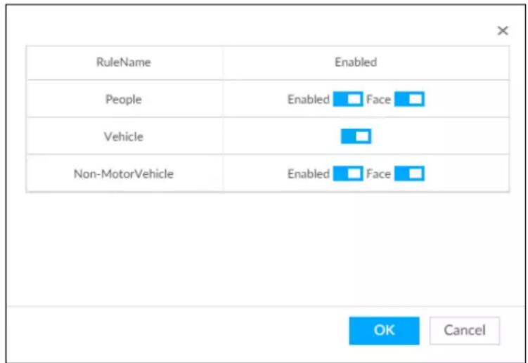 RuleName Enabled People Enabled Face Vehicle Non-MotorVehicle Enabled Face OK Cancel