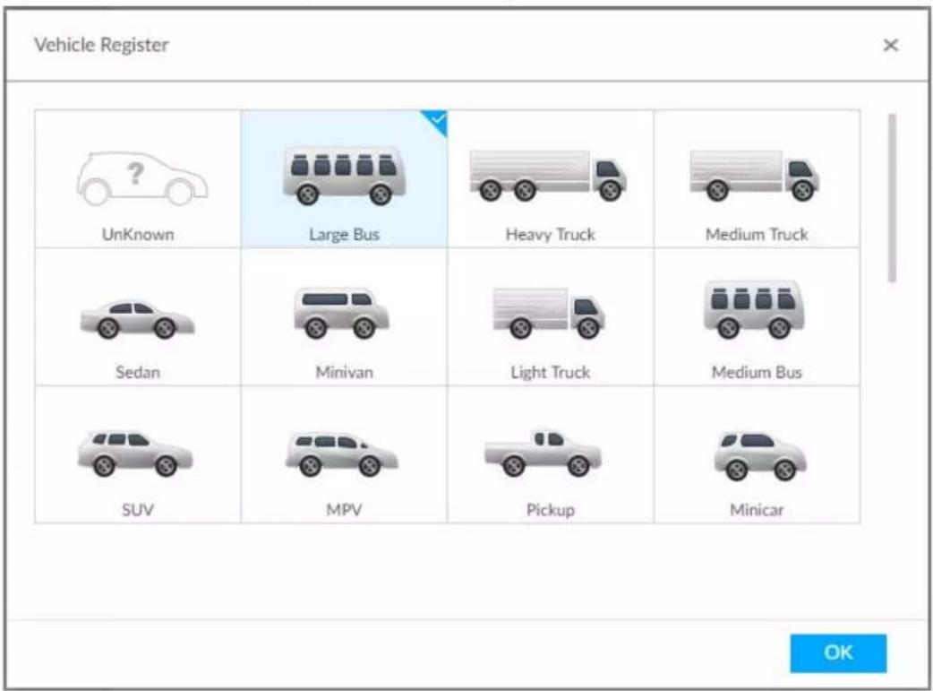 Vehicle Register UnKnown Large Bus Heavy Truck Medium Truck Sedan Minivan Light Truck Medium Bus SUV MPV Pickup Minicar OK