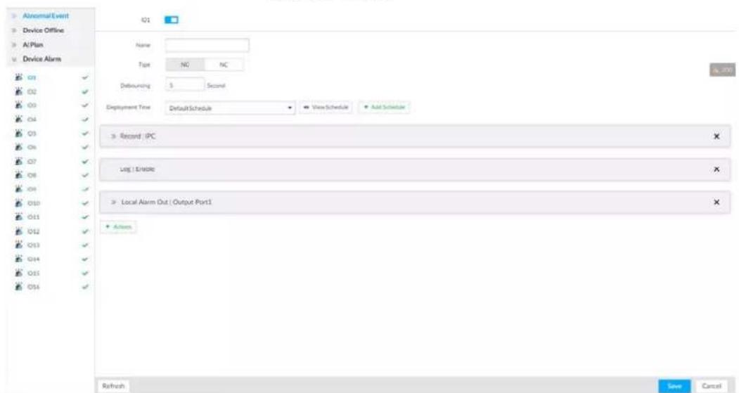 Abnormal Event Device Offline A/Plan Device Alarm Q1 Name: Port NC NC Debriefing 3 Second Employment Time DefaultSchedule View Schedule Add Schedule Record IPC Log | Error Local Alarm Out | Output Port1 Refresh Save Cancel