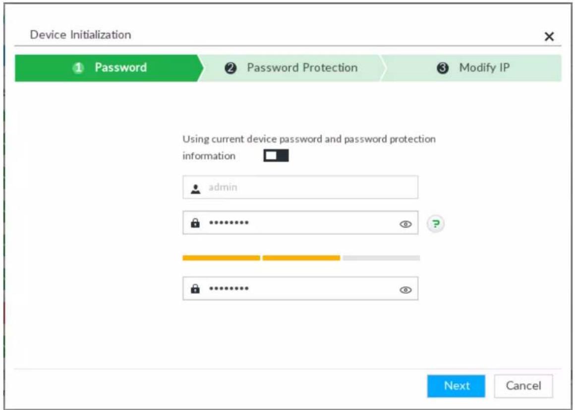 Device Initialization 1 Password 2 Password Protection 3 Modify IP Using current device password and password protection information admin .......... ? .......... Next Cancel