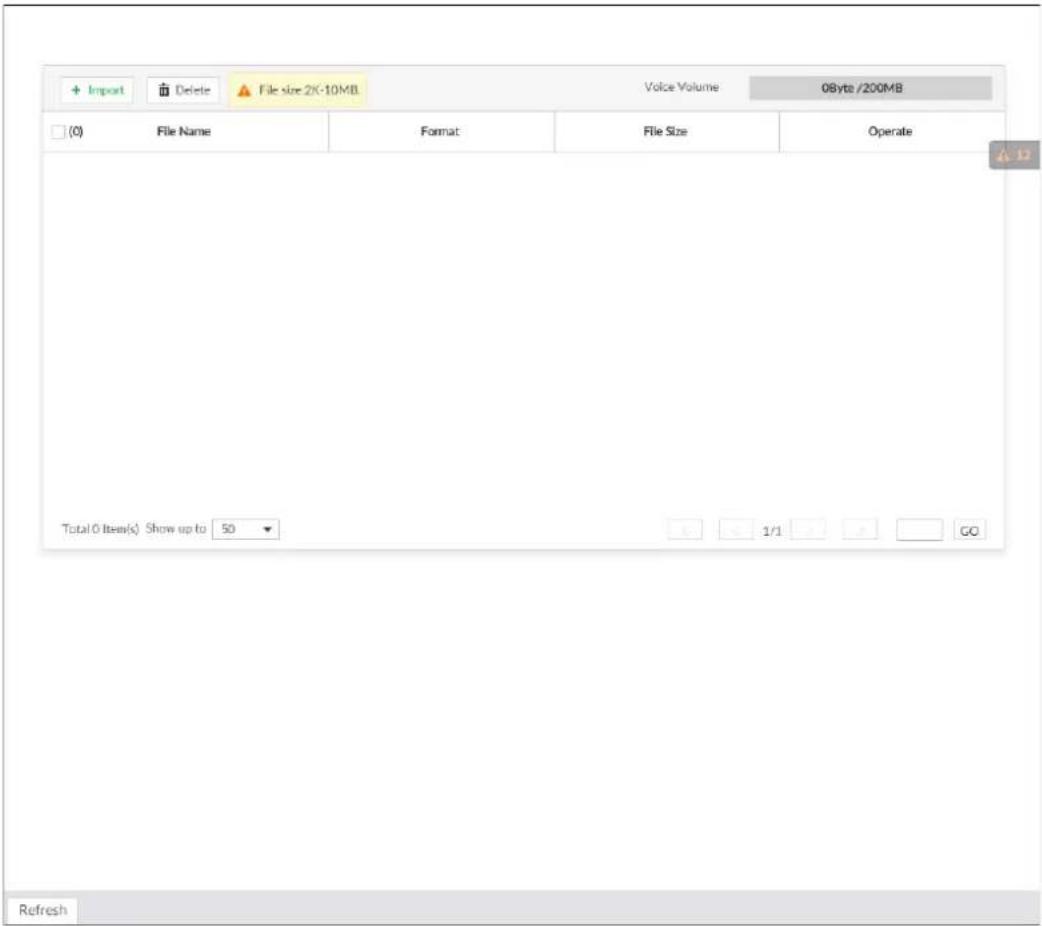 Import Delete File size 2K-10MB Voice Volume 0Byte /200MB (0) File Name Format File Size Operate Total O Items(s) Show up to 50 1/1 GO Refresh