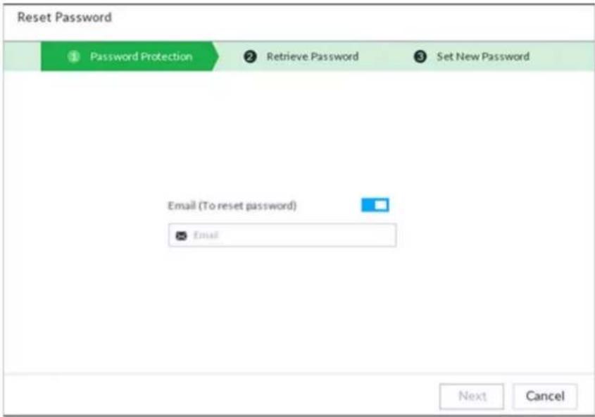Reset Password Password Protection Retrieve Password Set New Password Email (To reset password) Email Next Cancel