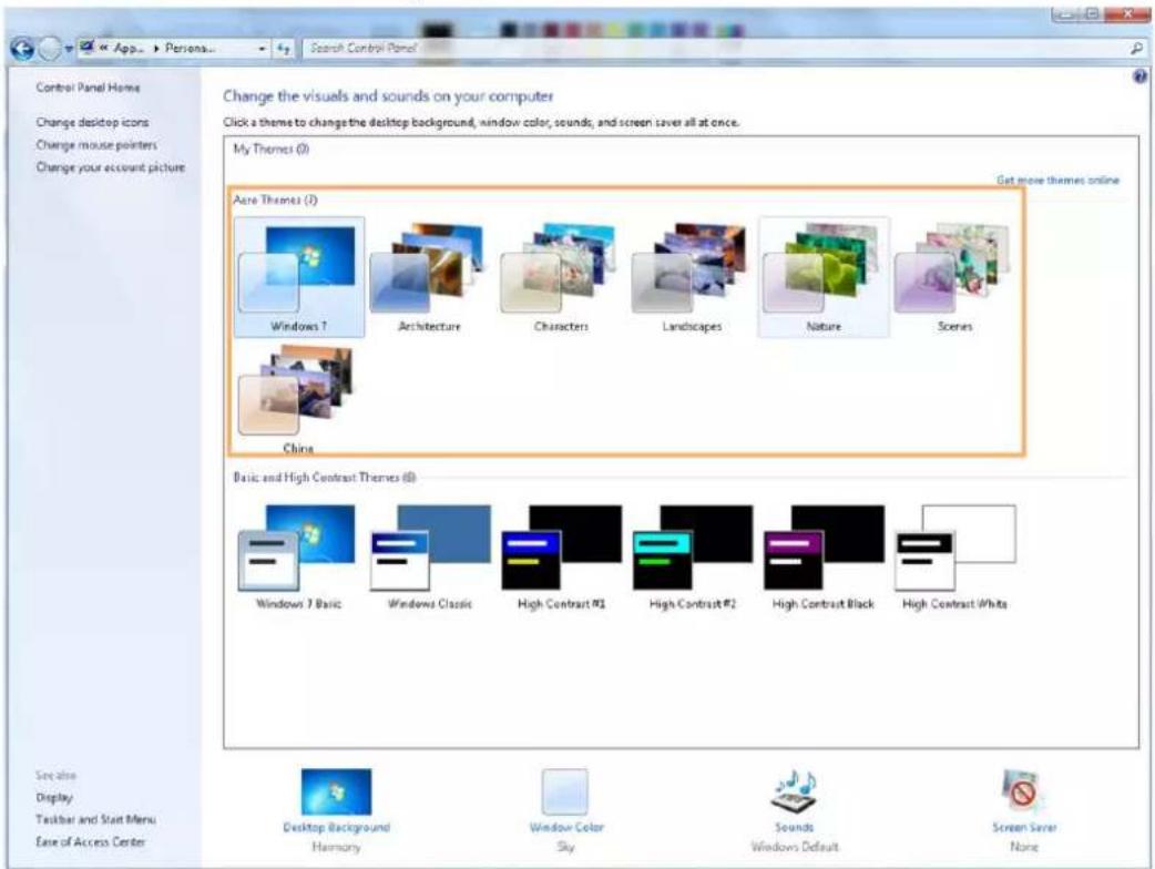 Control Panel Home Change desktop icons Change mouse pointers Change your account picture Change the visuals and sounds on your computer Click a theme to change the desktop background, window color, sounds, and screen saver all at once. My Themes (0) Get more themes online Aire Themes (1) Windows 7 Architecture Characters Landscapes Nature Scenes China Basic and High Contrast Themes (8) Windows 7 Basic Windows Classic High Contrast #1 High Contrast #2 High Contrast Black High Contrast White Desktop Background Harmony Window Color Sky Sounds Windows Default Screen Saver None