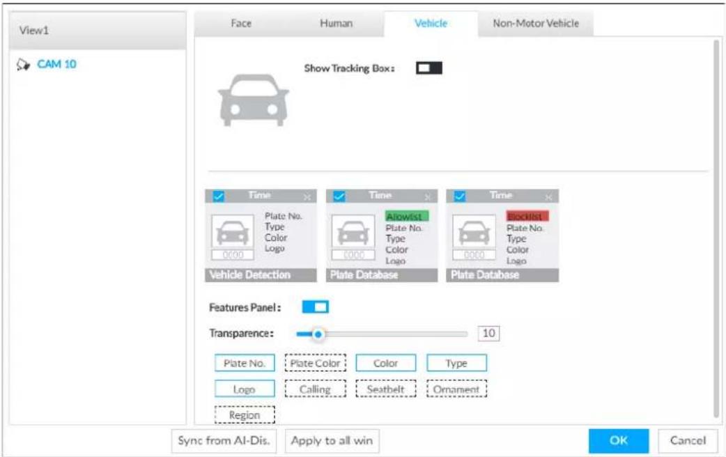 View1 CAM 10 Face Human Vehicle Non-Motor Vehicle Show Tracking Box: Time Plate No. Type Color Logo Vehicle Detection Time Plate No. Type Color Logo Allowlist Plate No. Type Color Logo Blocklist Plate No. Type Color Logo Plate Database Plate Database Features Panel: Transparency: 10 Plate No. Plate Color Color Type Logo Calling Seatbelt Ornament Region Sync from AI-Dis. Apply to all win OK Cancel