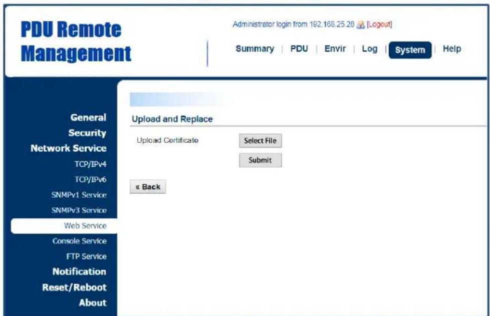 PDU Remote Management Administrator login from 192.168.25.28 [Logout] Summary | PDU | Envir | Log | System | Help General Security Network Service TCP/IPv4 TCP/IPv6 SNMPv1 Service SNMPv3 Service Web Service Console Service FTP Service Notification Reset/Reboot About Upload and Replace Upload Certificate Select File Submit « Back
