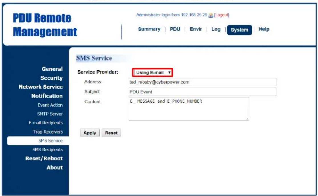 PDU Remote Management Administrator login from 192.168 25 28 [Logout] Summary | PDU | Envir | Log | System | Help SMS Service Service Provider: Using E-mail ▼ Address: ted_mosby@cyberpower.com Subject: PDU Event Content: E_MESSAGE and E_PHONE_NUMBER Apply Reset General Security Network Service Notification Event Action SMTP Server E-mail Recipients Trap Recivers SMS Service SMS Recipients Reset/Reboot About