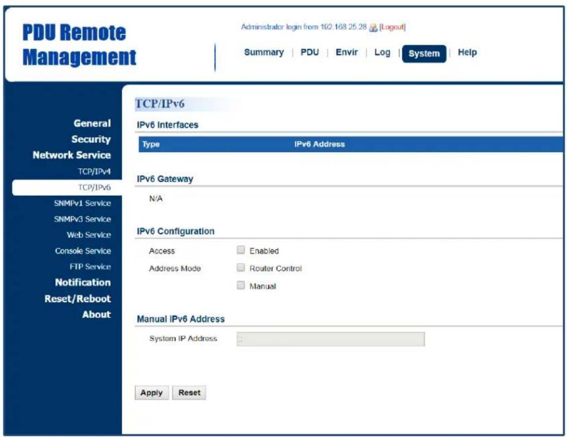PDU Remote Management Administrator login from 102.168.25.28 [Logout] Summary | PDU | Envir | Log | System | Help General Security Network Service TCP/IPv4 TCP/IPv6 SNMPv1 Service SNMPv3 Service Web Service Console Service FTP Service Notification Reset/Reboot About TCP/IPv6 IPv6 Interfaces Type IPv6 Address IPv6 Gateway N/A IPv6 Configuration Access Enabled Address Mode Router Control Manual Manual IPv6 Address System IP Address Apply Reset