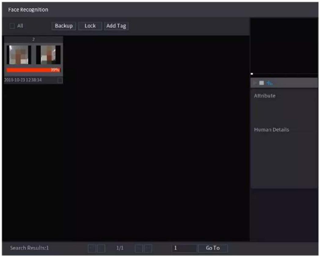 Face Recognition All Backup Lock Add Tag 2 99% 2018-10-33 12:38:34 Attribute Human Details Search Results:1 1/1 1 Go To