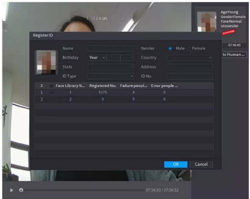 Register ID Name Birthday Year State ID Type Gender Male Female Country Address ID No. 2 Face Library N... Registered No. Failure people... Error people ... 1 1 5175 4 0 2 2 0 0 0 OK Cancel Age:Young Gender:Female Face:Normal Glasses:No STANDARD 07:56:43 to Human... 07:56:33 / 07:56:52