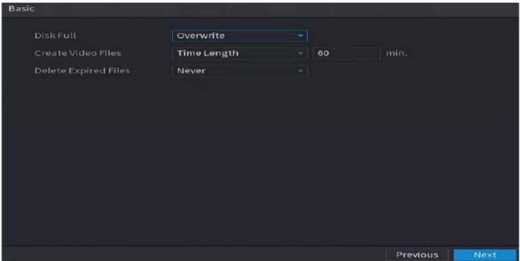 Basic Disk Full Overwrite Create Video Files Time Length 60,min. Delete Expired Files Never Previous Next