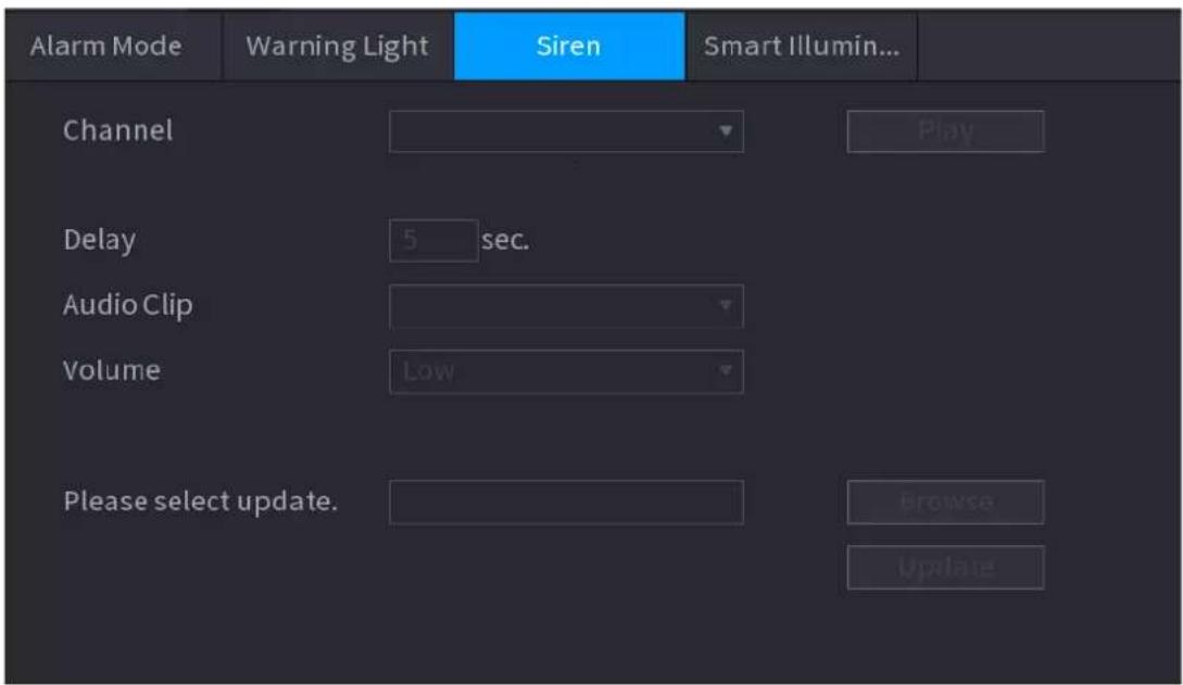 Alarm Mode Warning Light Siren Smart Illumin... Channel Play Delay 5 sec. Audio Clip Volume Low Please select update. Browse Update