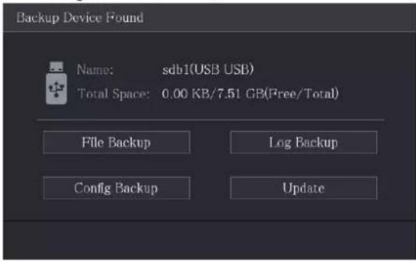 Backup Device Found Name: sdb1(USB USB) Total Space: 0.00 KB/7.51 GB(Free/Total) File Backup Log Backup Config Backup Update