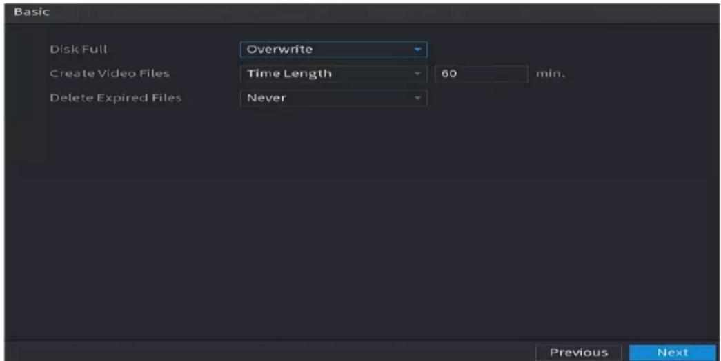 Basic Disk Full Overwrite Create Video Files Time Length 60,min. Delete Expired Files Never Previous Next